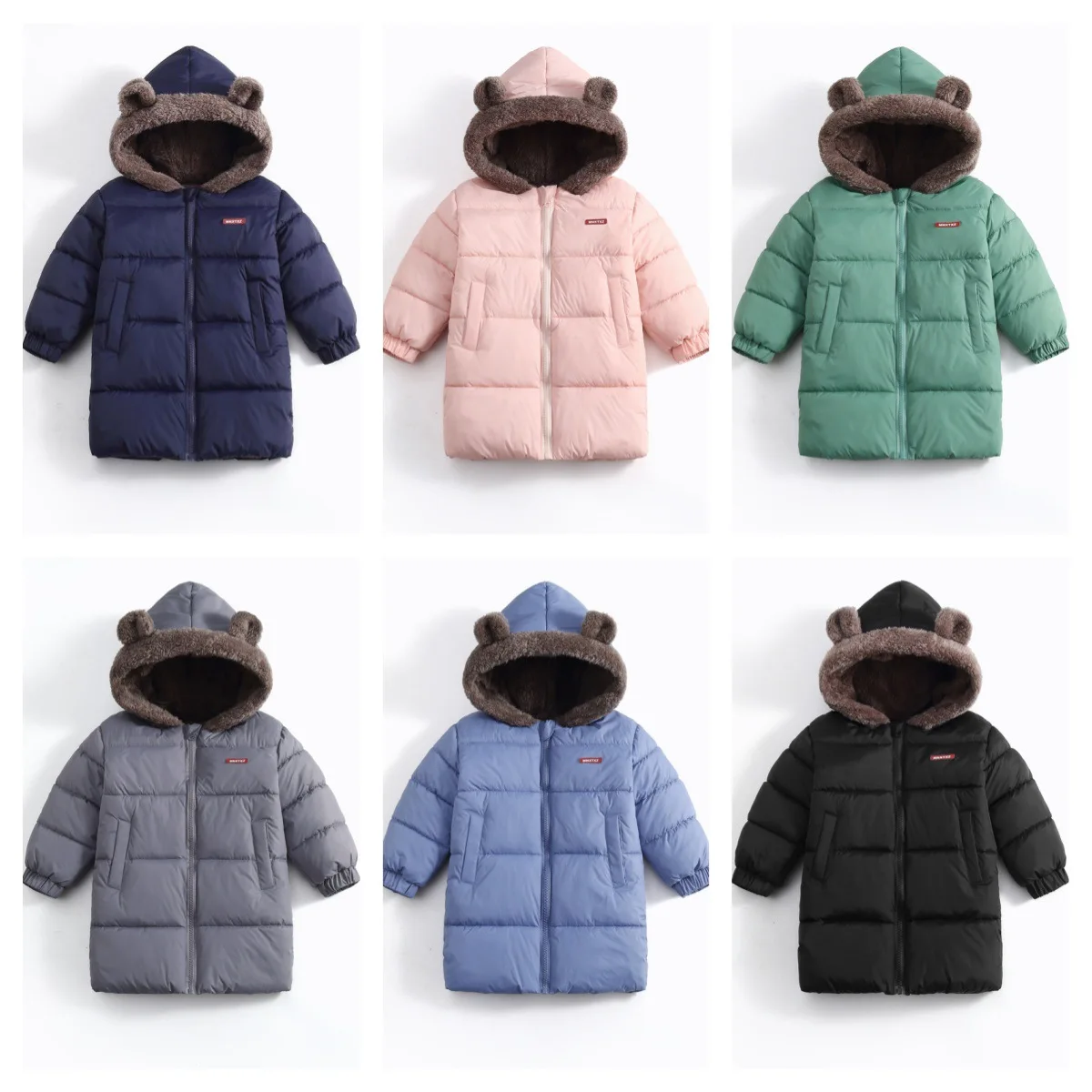 Neue doppelseitige Winter-Daunenjacke für Kinder, Jungen und Mädchen, mittellanger warme Mantel mit Bärenohren-Kapuze. – Detail 1