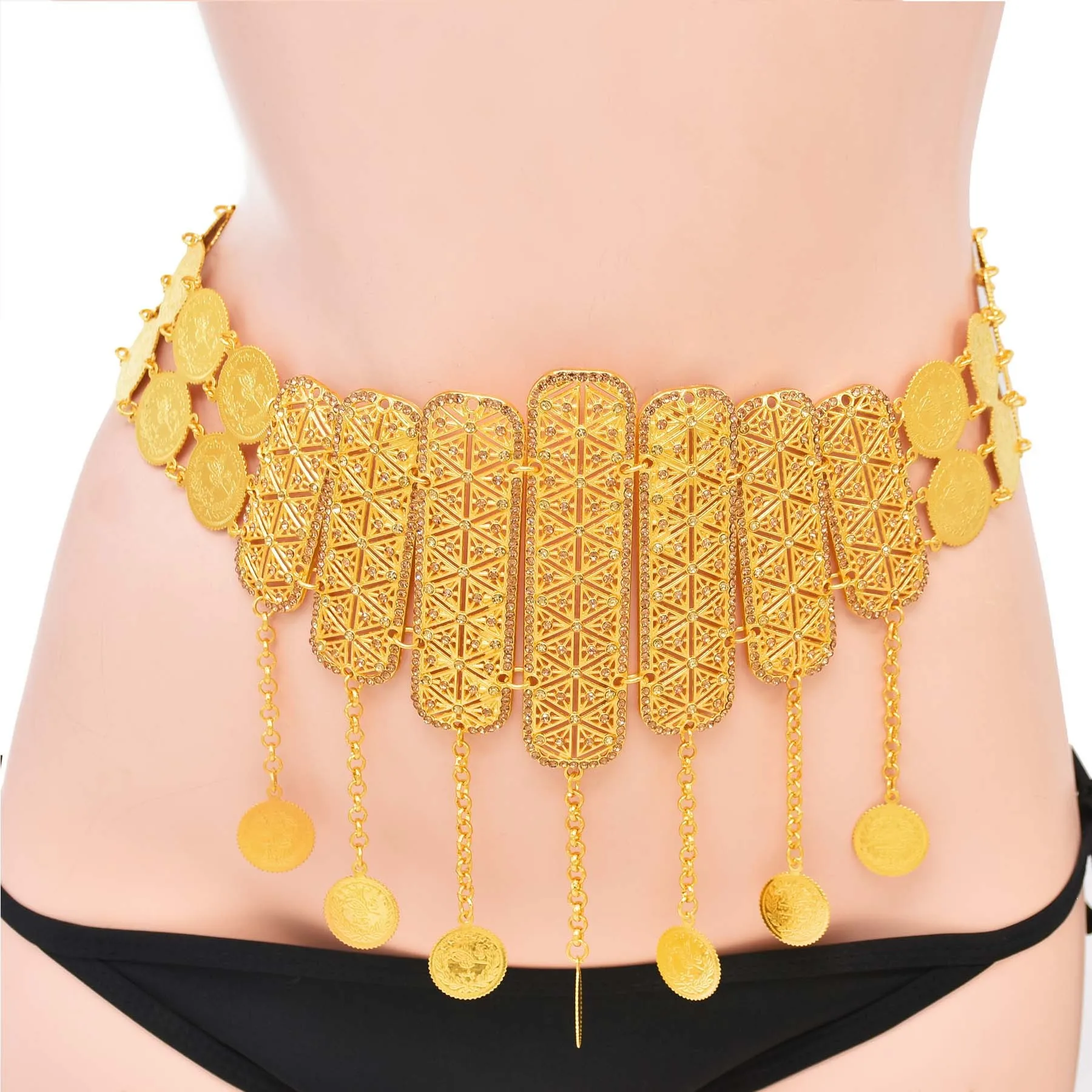 

New Multi-layer Indian Coin Tassel Wide Crystal Metal Belly Dance Waist Chain Women's Party Jewelry Gifts