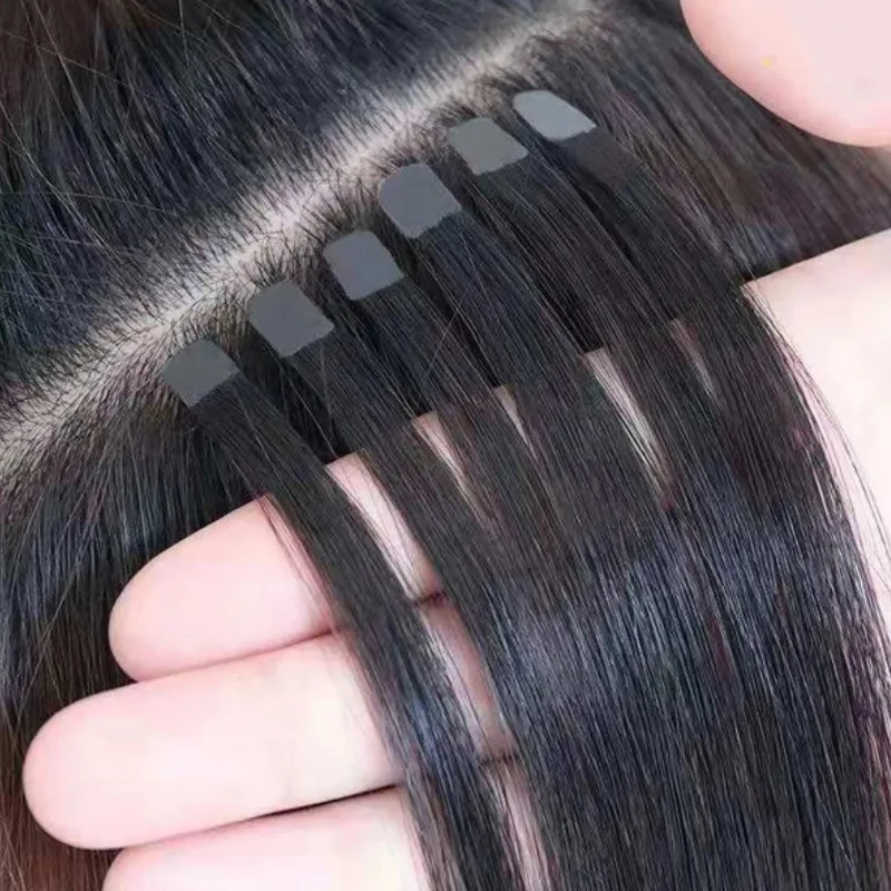 Mini Cinta en Extensiones de Cabello Humano Doble Cara PU Sin Costuras Cinta en Cabello 10pzs/paquete Natural Recto Negro Marrón Rubio 5