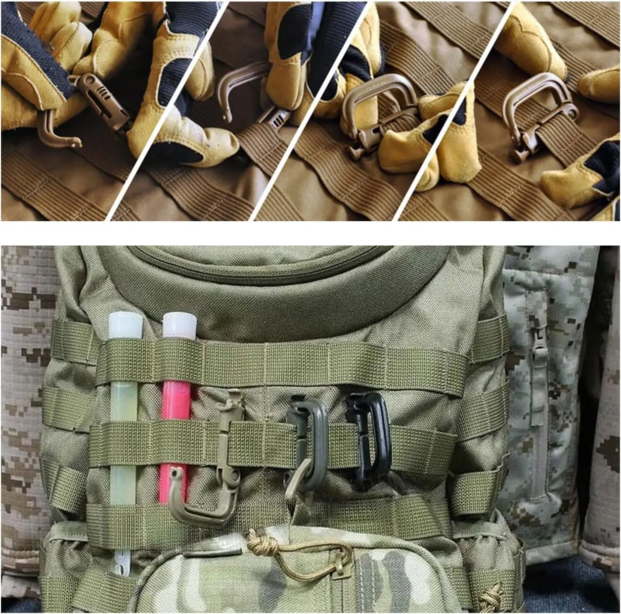 5Pcs Plastic D-Ring Tactical Carabiner Grimlock Lock Hard Hook Buckle Clip For Molle Webbing Accessories Backpack/Pouch/Bag/Belt