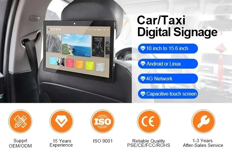 KAY Anti-Vibration Factory OEM 10 Inch 3G 4G Android Ads Display Digital Signage Taxi Car Advertising Screen