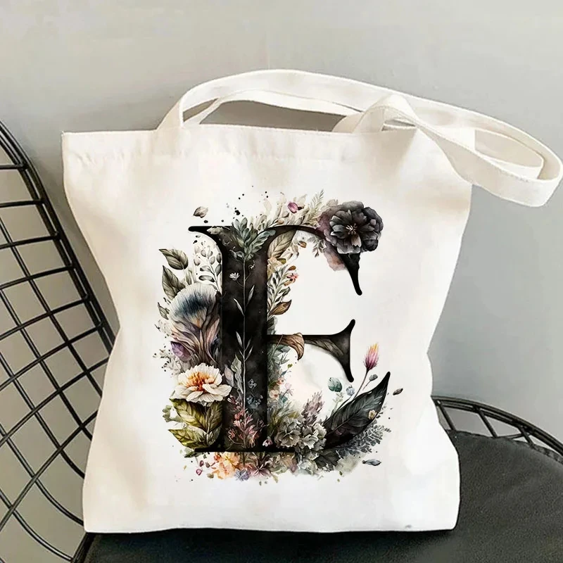 26 Black Alphabet Flower Tote Bags for Women Large Capacity Canvas Casual New Shopping Printed Reusable Handbag Eco Bag