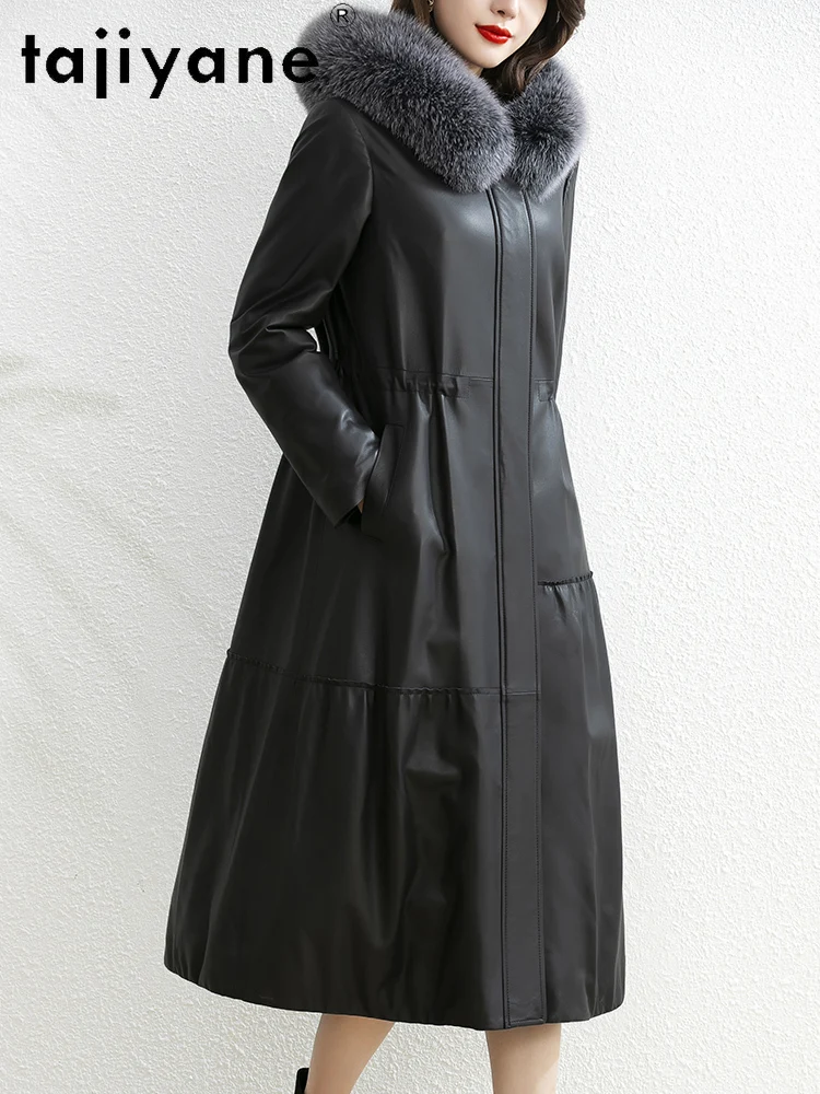 معطف نسائي من جلد الغنم من TAJIYANE مع قلنسوة ضيق طويل من الجلد الطبيعي معاطف بياقة من فرو الثعلب 2025 ملابس نسائية شتوية #4