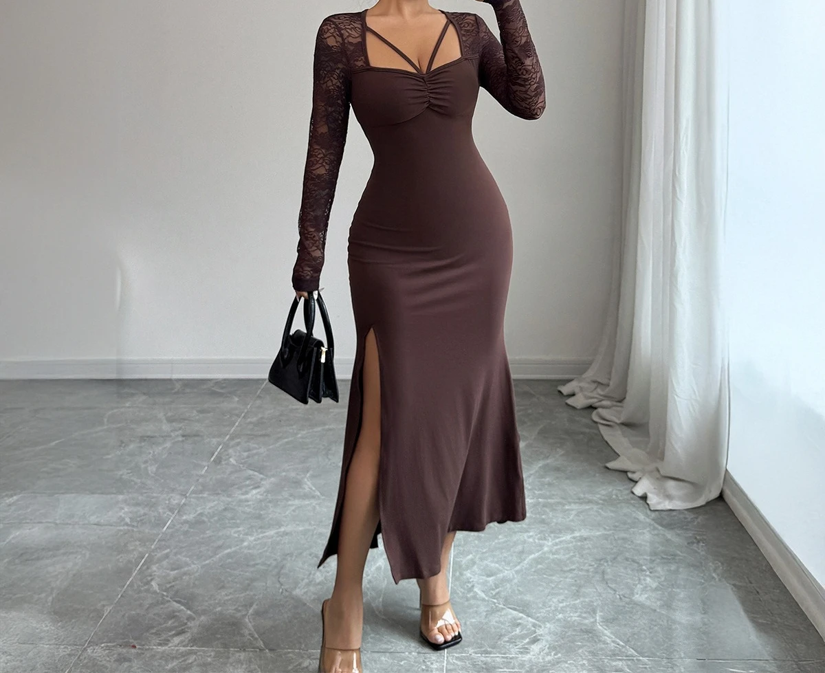 

Elegant and Sexy Lace Wrap Skirt Dress for Women's Clothing in Autumn and Winter 2025