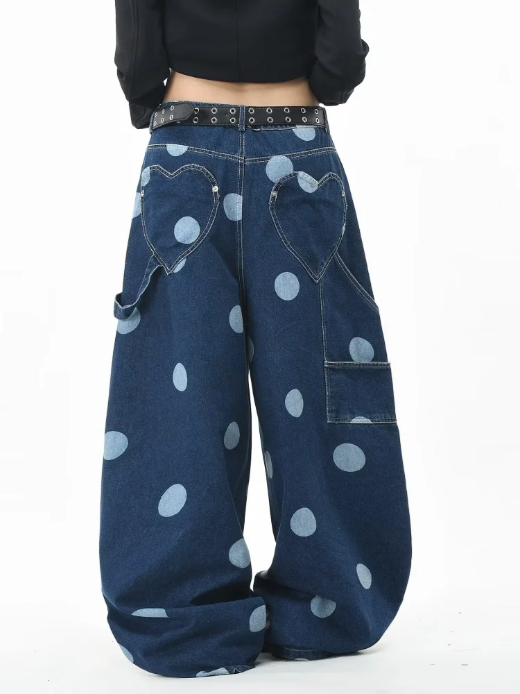 2026 Gothic Y2K Style Love Pockets Dark Blue Baggy Women's Jeans Pants Woman Clothing Wide Leg Polka Dot Design Denim Trousers