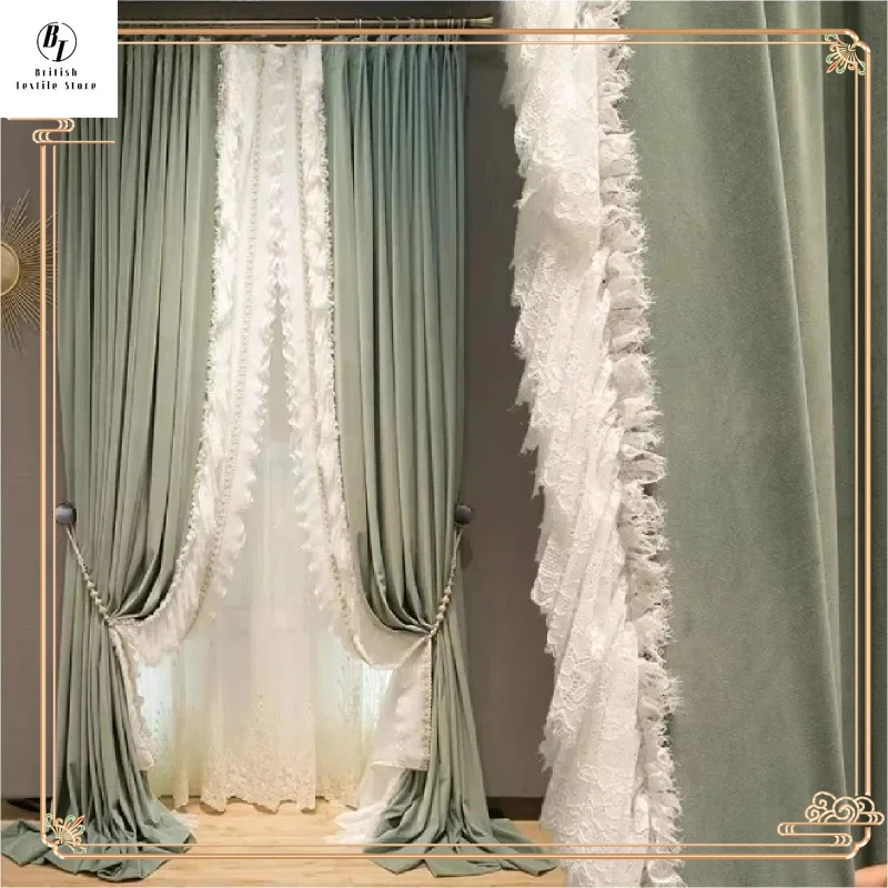 

French Mint Green Lace Patchwork Velvet Luxury Curtains for Living Room Bedroom Balcony Floating Window Custom-made Products