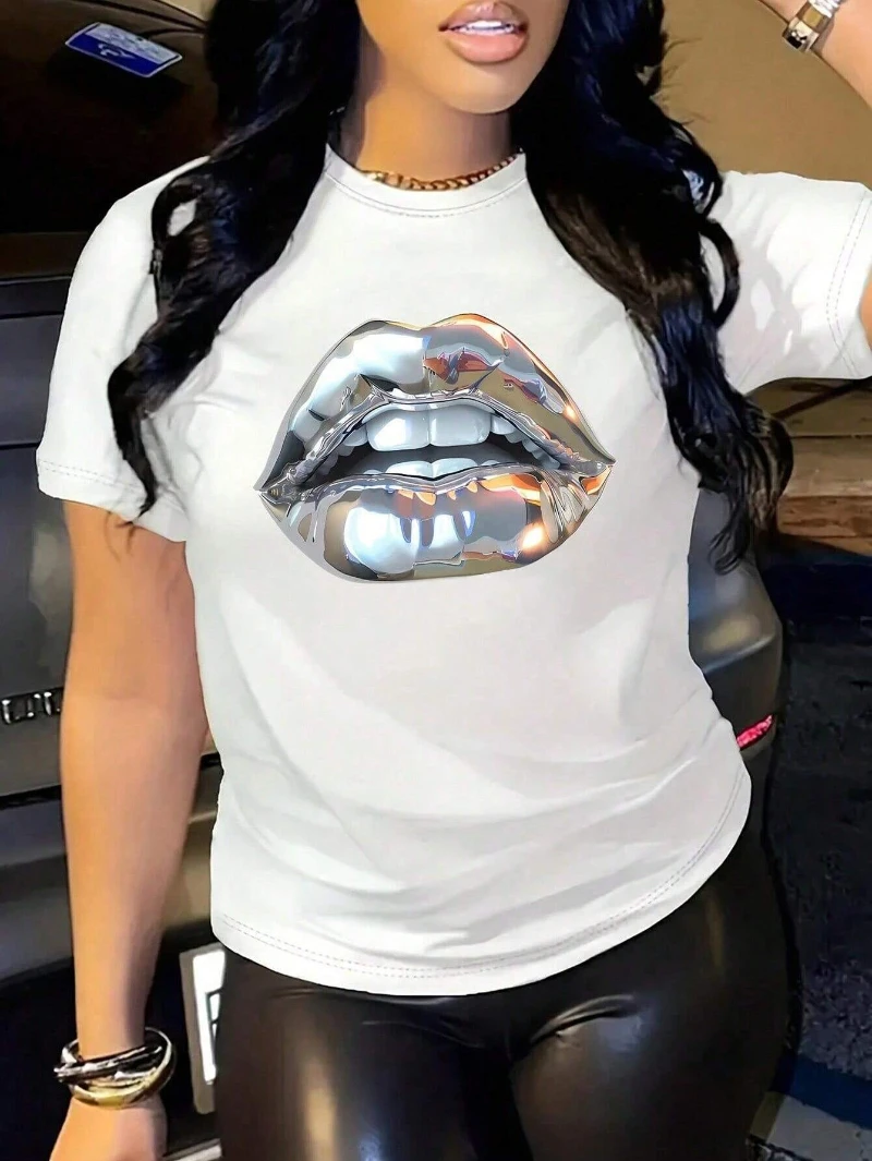 Silver Lips Graphic Cotton T-shirt Women Loose Casual Top Summer Short Sleeve Round Neck Classic Basic Fashion Luxury Tee S-3XL