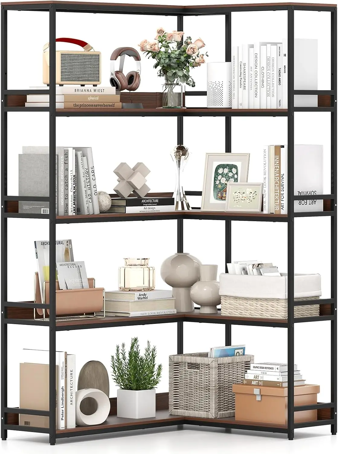 Walnut 71" Tall L-Shaped 5-Tier Corner Bookshelf, Industrial Etagere Open Display Bookcase with Metal Frame, Vertical Storage Rack for Living Room Study Home Office