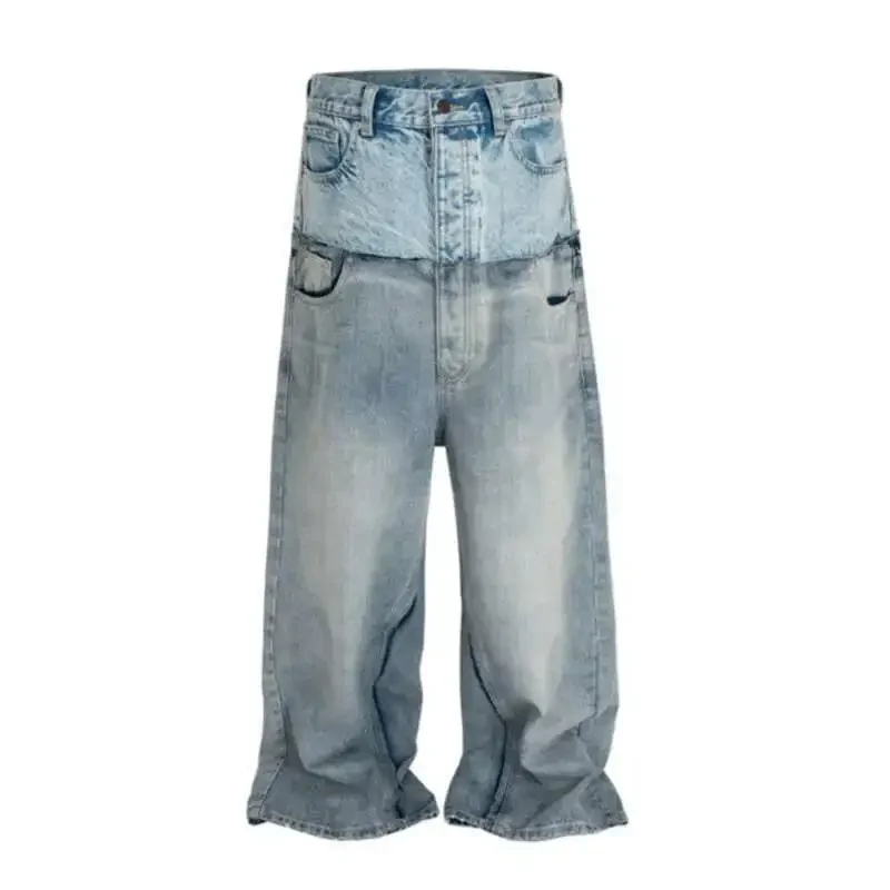 

Spring Autumn New Men's Tide Punk Ripped Denim Pants Women's Spliced Double Layer Waist Baggy Jeans Streetwear Chic