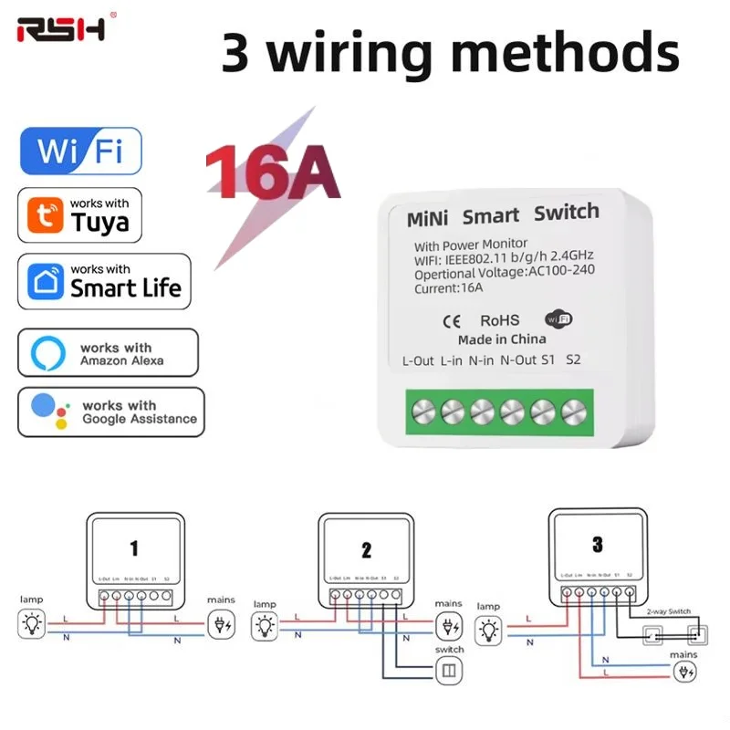 

Tuya WiFi MiNi Smart Switch Module Wireless APP Remote Control Timer Breaker 16A 2-way Control Relay Work With Alexa Google Home