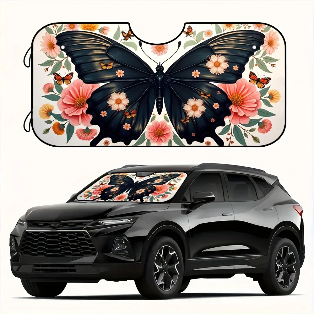 1pc, Black Butterfly Floral Foldable Sunshade, Vibrant Flower Design UV Blocker, Keeps SUV Cool, Includes 4 Suction Cups, Colorf