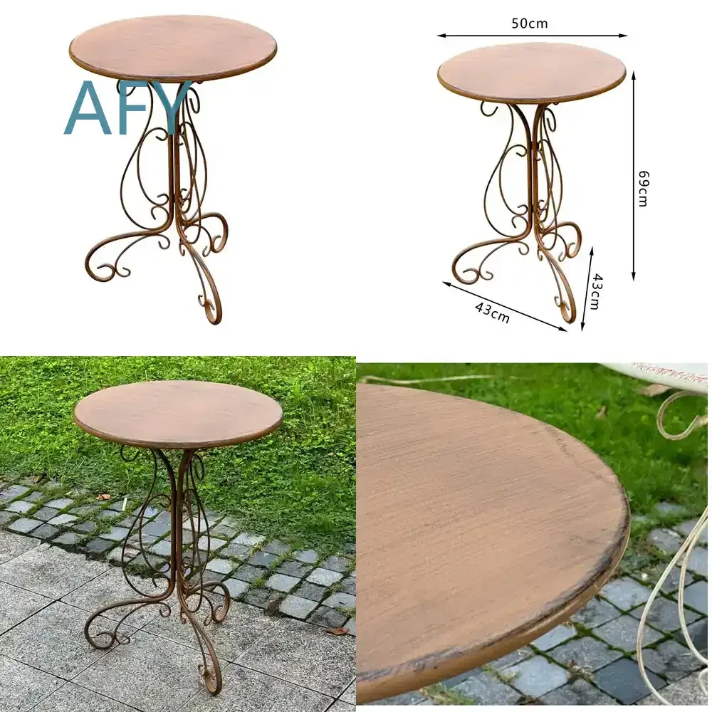 Round Side Table for Home Office Living Room Bedroom Decor with Wrought Iron Scrollwork Base Vintage Distressed Brown 20x27