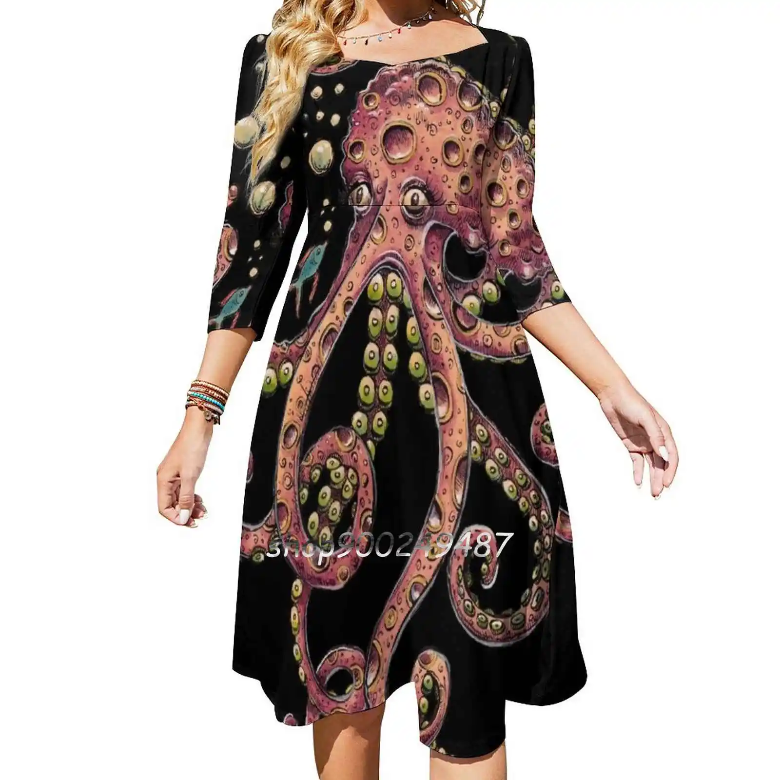 Pink Octopus Square Neck Dress New Plus Size Elegant Women Waist Tight Dress Octopus Cephalopod Tentacles Steampunk Ocean Sea