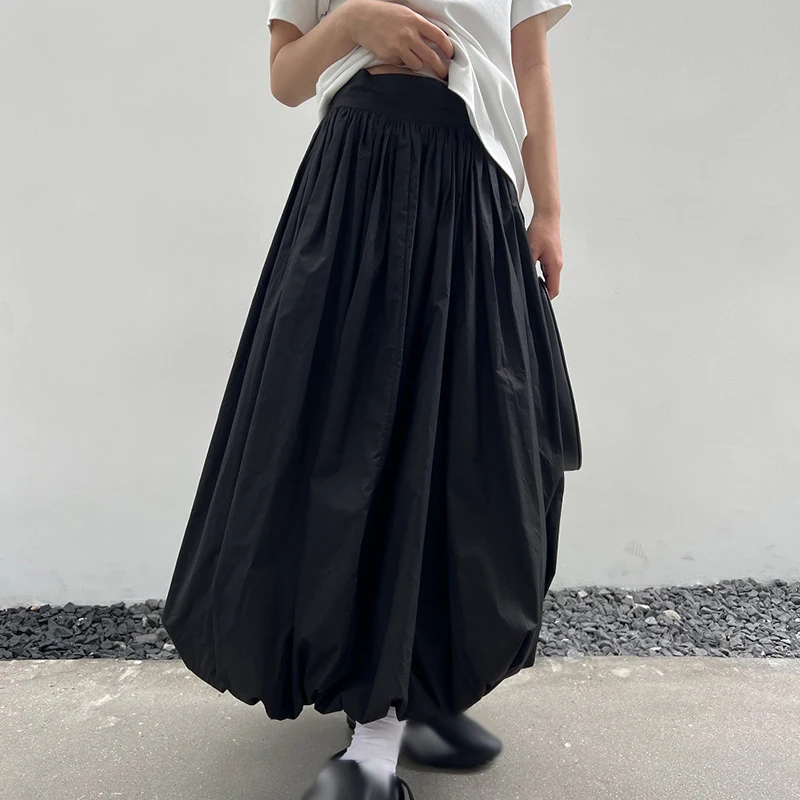 Geplooide Rok Vrouwen Elegante Solide Elastische Taille A-Lijn Vintage Koreaanse Mode Losse Maxi Rok Casual Streetwear 2024 Nieuw