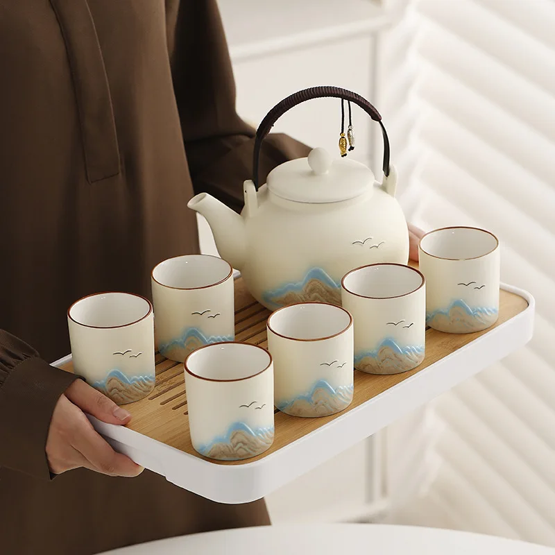 Ceramic matte glaze large-capacity beam pot tea set Japanese simple relief distant mountain teapot cup set