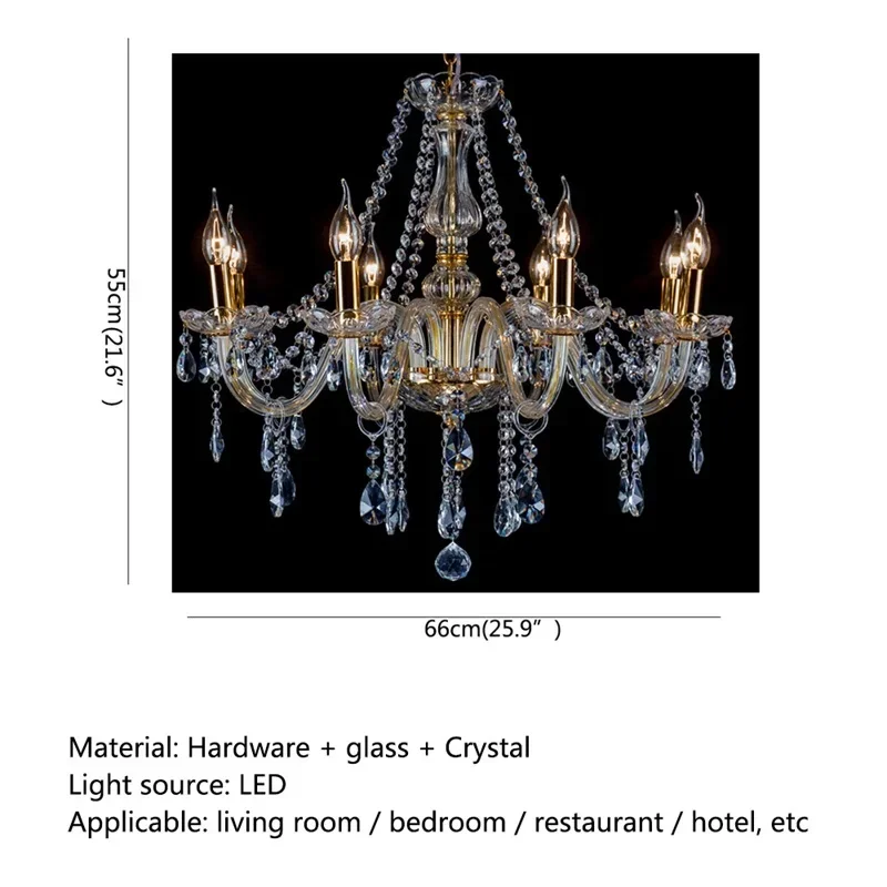 ASHER Modern Chandelier LED Lighting Pendant Lamp Crystal Gold Candle Fixtures Indoor for Home Hotel Hall