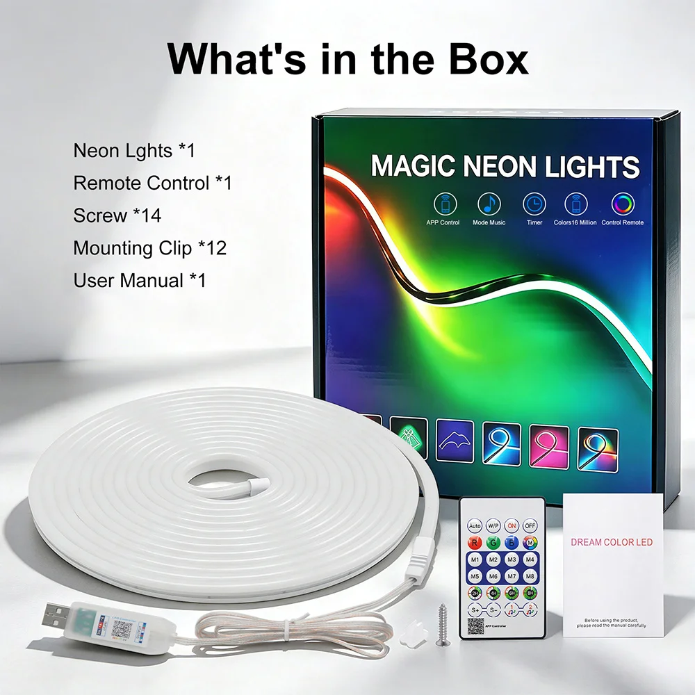 5M WS2812B Led Neon Sign Flex Rope Lights 24key Bluetooth APP Remote Kit 5V USB Power RGB IC LED Light Strip 30LED/m 6x12mm IP67