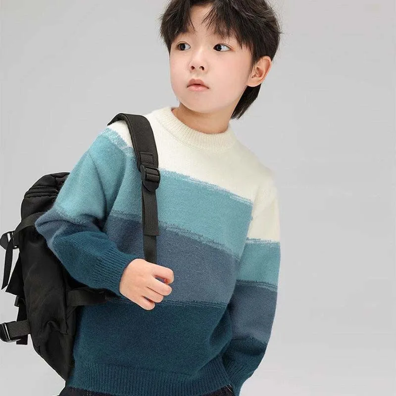 Winter UNITIM Junior Boys Sweater Thicken Warm Striped Pullovers for 4-14Y Kids Boys Simple Plus Velvet Children Boys Knitwear