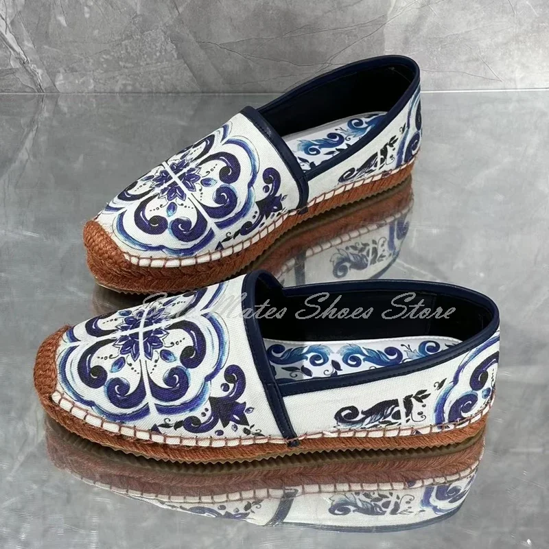 Retro Blue Pattern Women's Casual Shoes Ethnic Floral Canvas Soft Sole Flat Shoes Leisure Anti-Slip Handmade Ladies Shoes