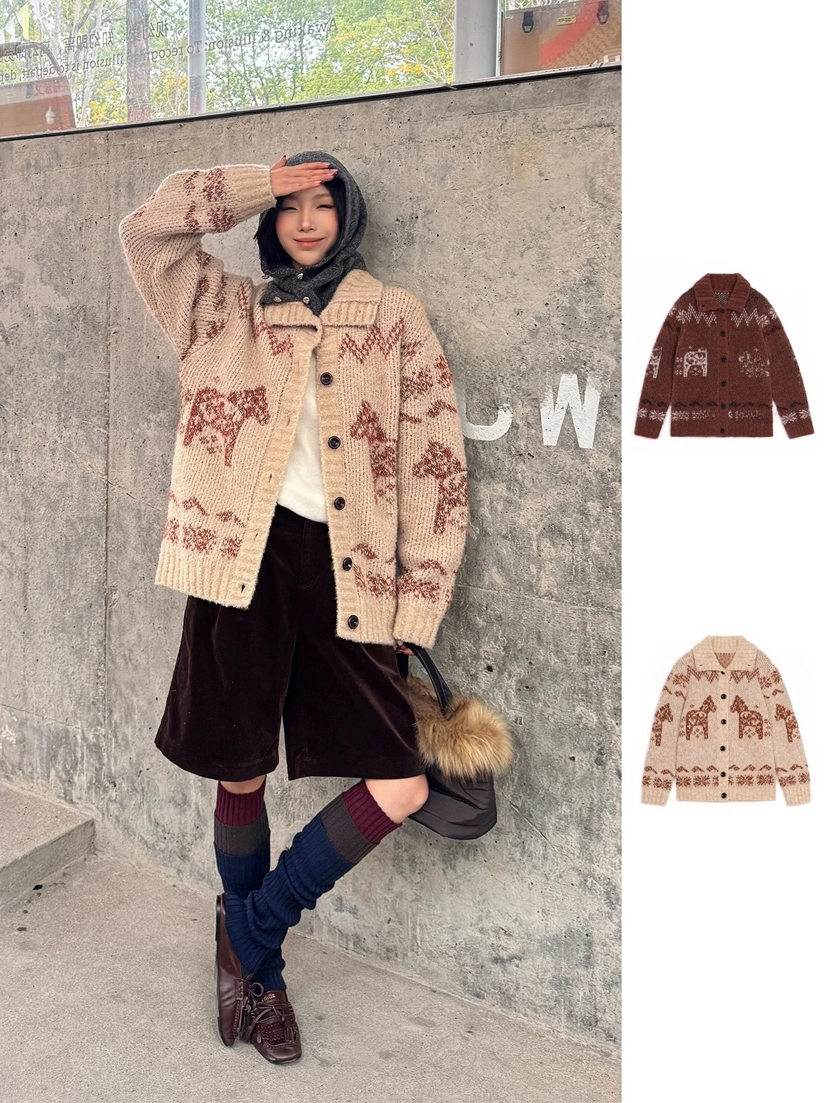

Y III CHUAN EO Fair Isle Sweater Open Cardigan Color Blo Knitted Winter Women's Loose Fit Long Sve Casual Top