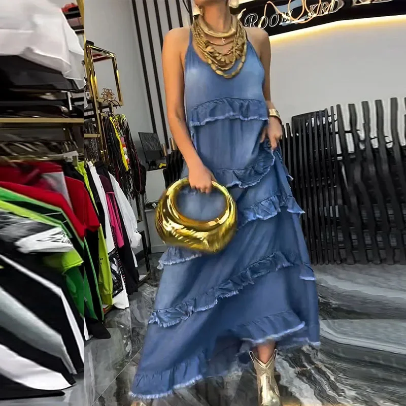 Gaun pesta perca bertepi elegan wanita gaun Denim longgar leher-v tanpa lengan seksi gaun panjang koboi Solid berlipat modis