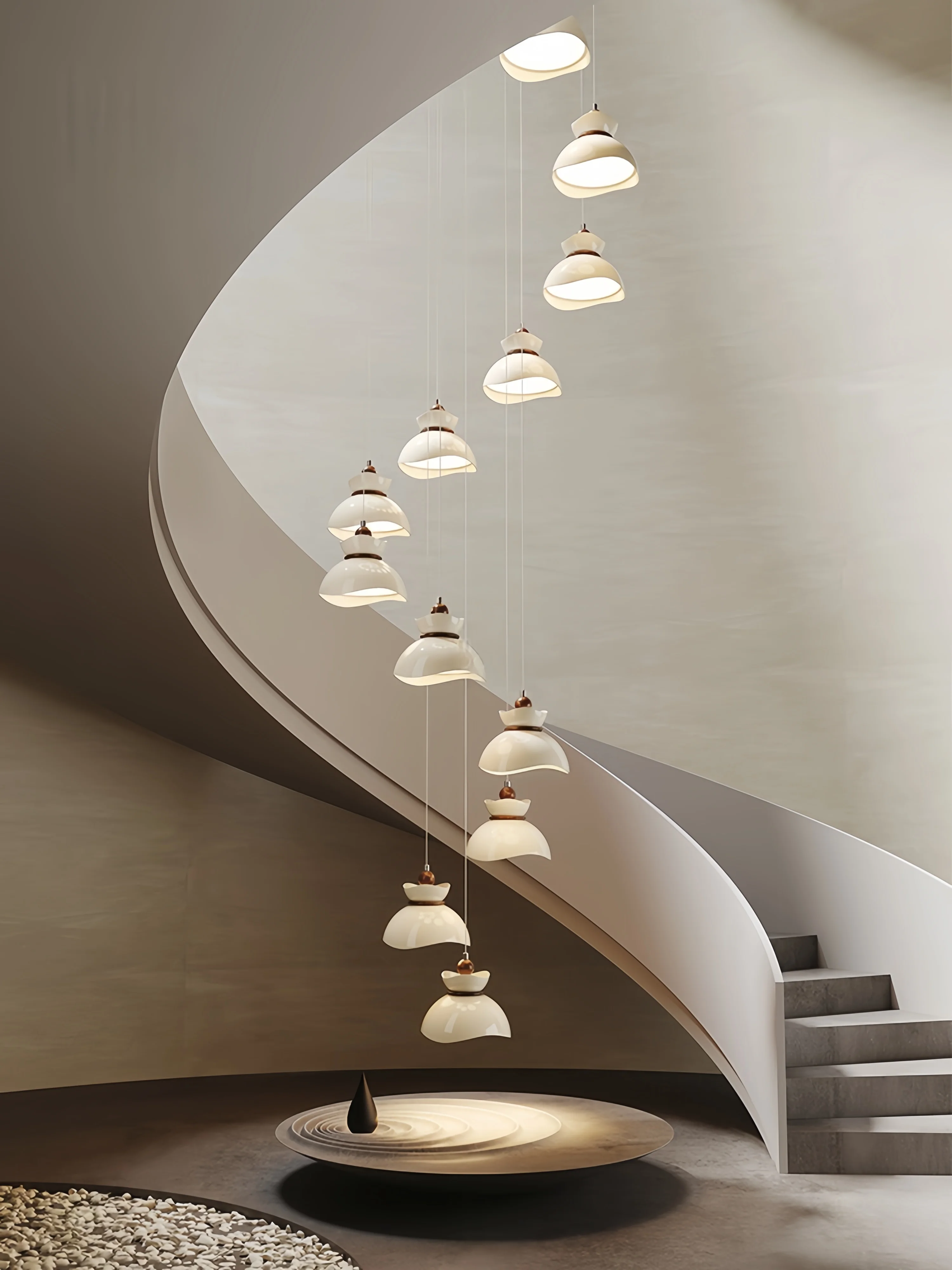 

French Medieval Style Staircase Pendant with A High-end Feel Creamy StyleLoft Cantilevered Duplex Rotating Villa Pendant Light