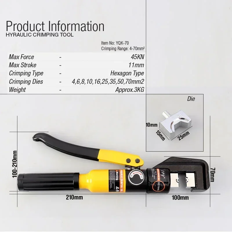 Hydraulic Crimping Tool Hydraulic Crimping Plier Hydraulic Compression Tools YQK-70 Range 4-70mm Pressure 6T