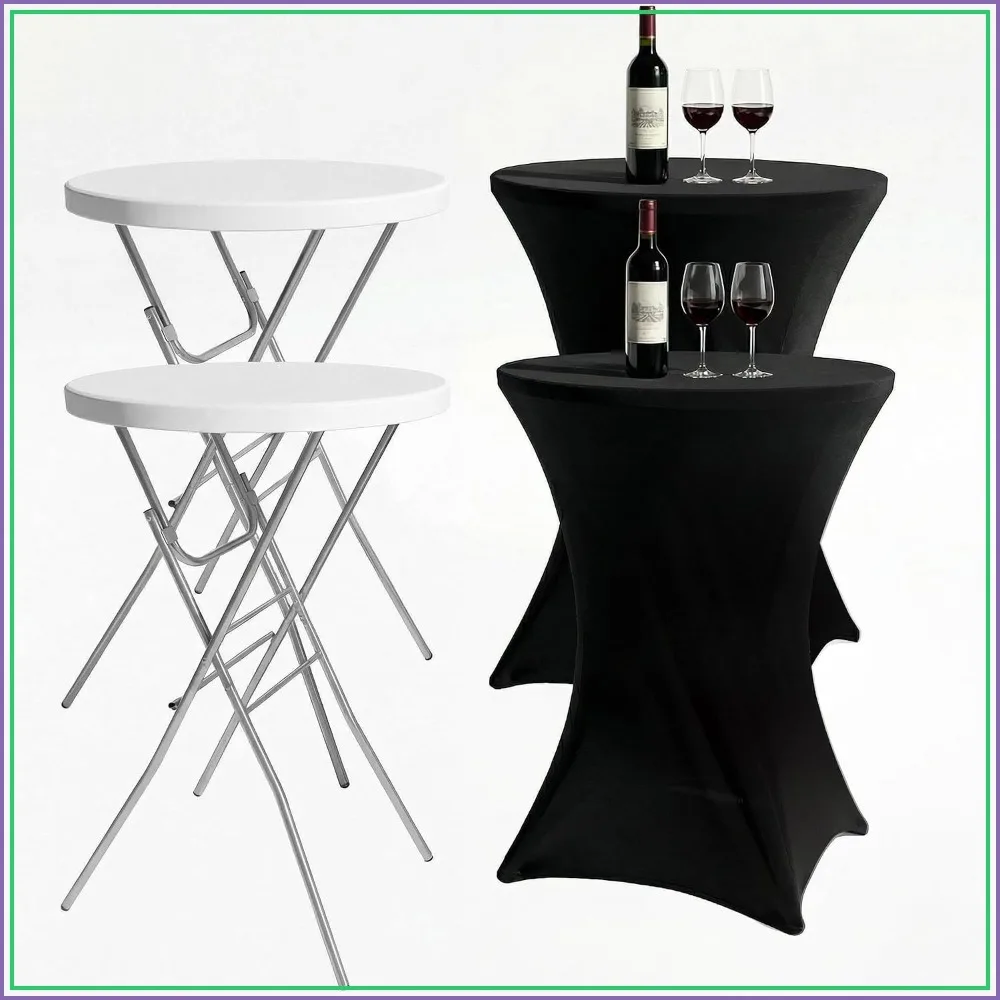 2-Pack 28 Inch Round Folding High Top Cocktail Tables with Black Tablecloths