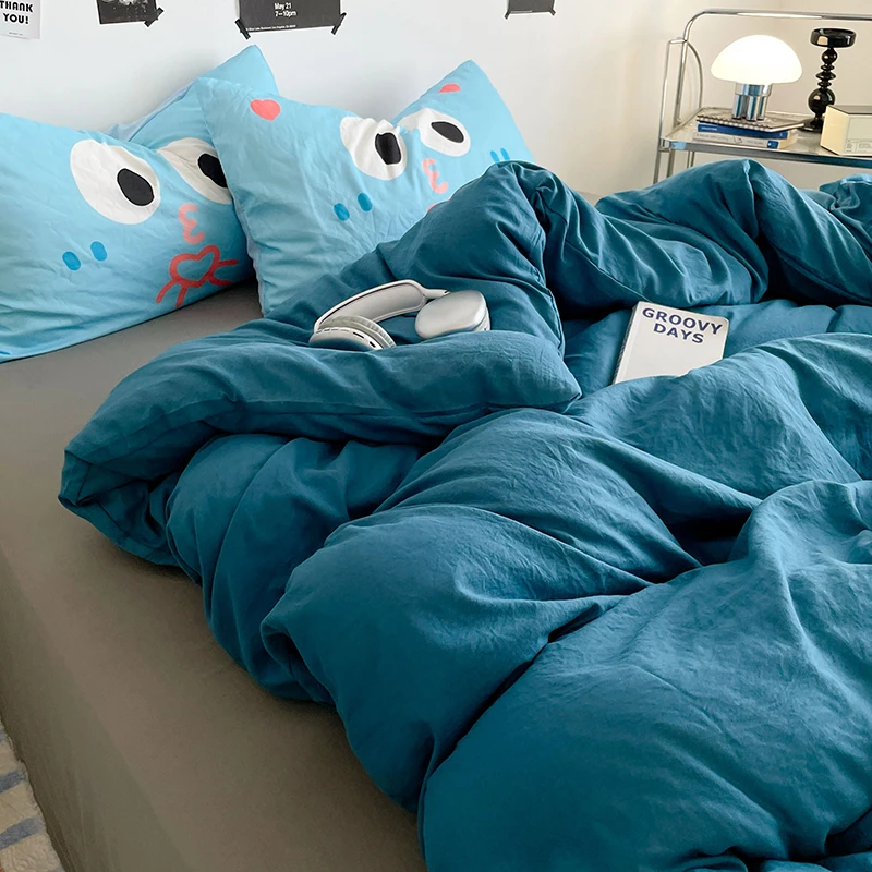 Dopamine Solid Color Bedding Set Big Eyes, Flat Bed Sheet Pillowcase Twin Full Queen Size, for Women Girls Bedroom Decoration
