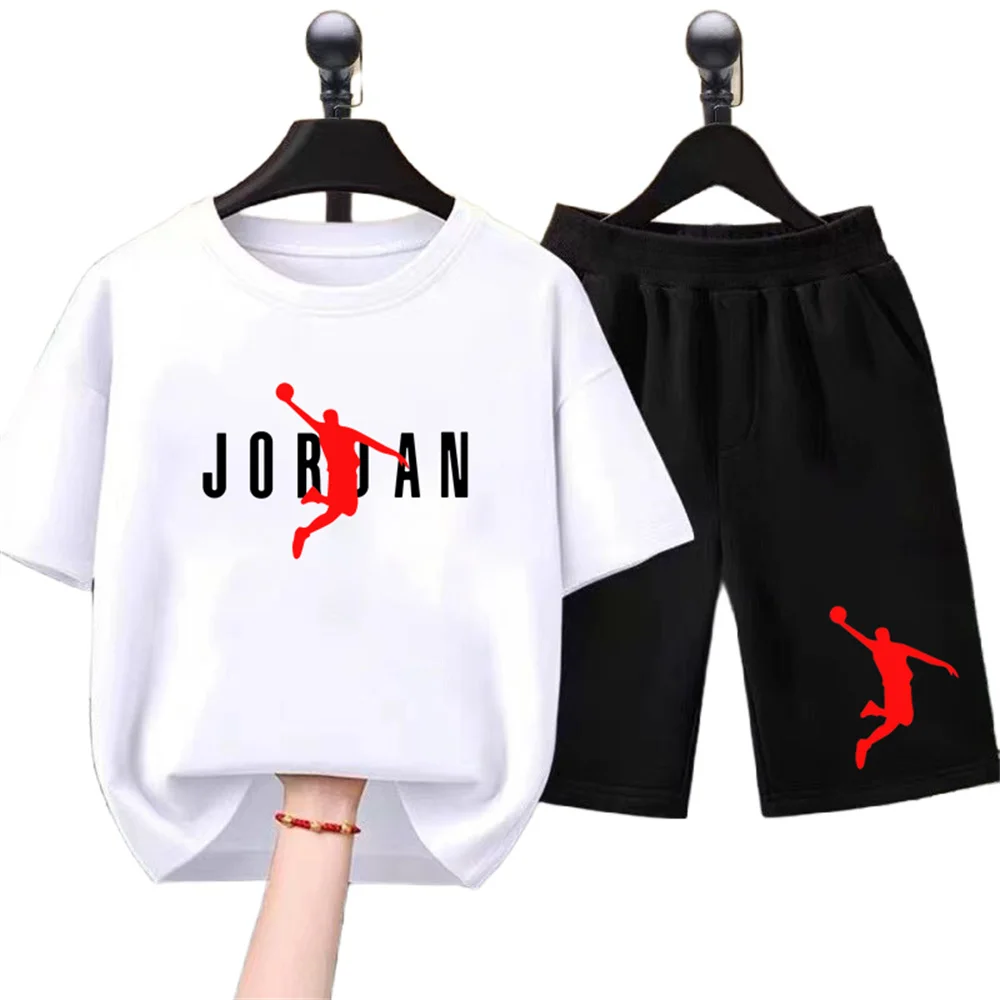 Harajuku Jordan Print T-shirt And Casual Shorts Set 100% Cotton Classic Design Summer Gift for Boys And Girls 3-14 Years Old