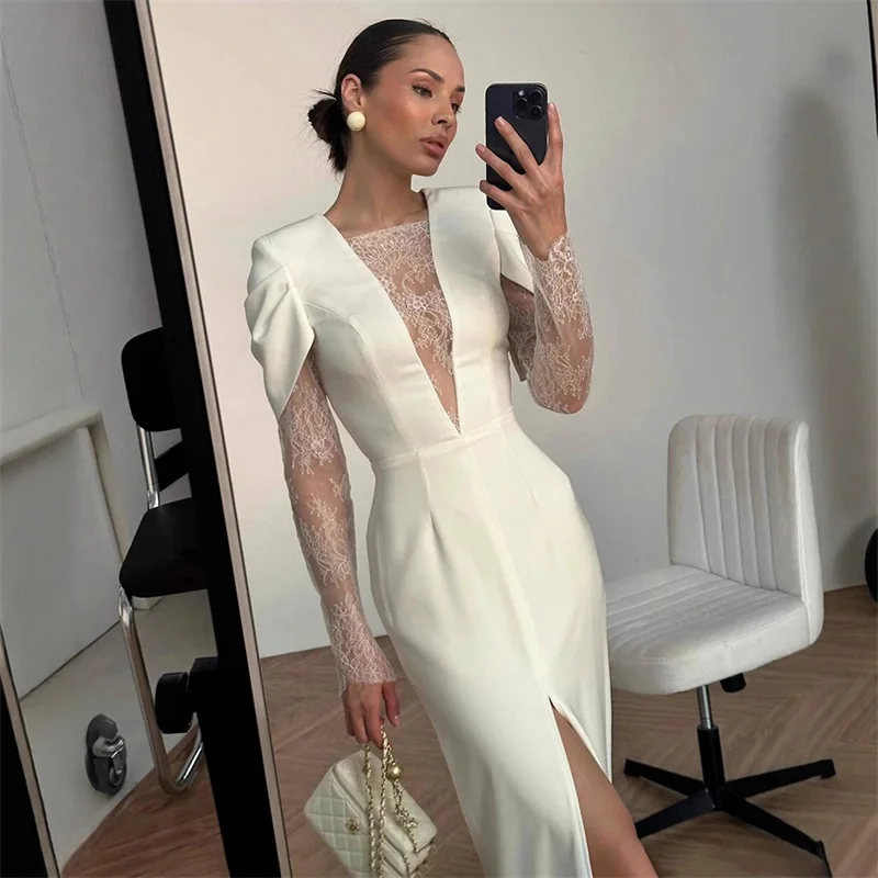 

Женское кружевное платье миди с длинными рукавами и глубоким V-образным вырезом с пышными рукавами Коктейльное платье с высоким разрезом Slim-Fit Атласное вечернее платье Новое поступление на складе