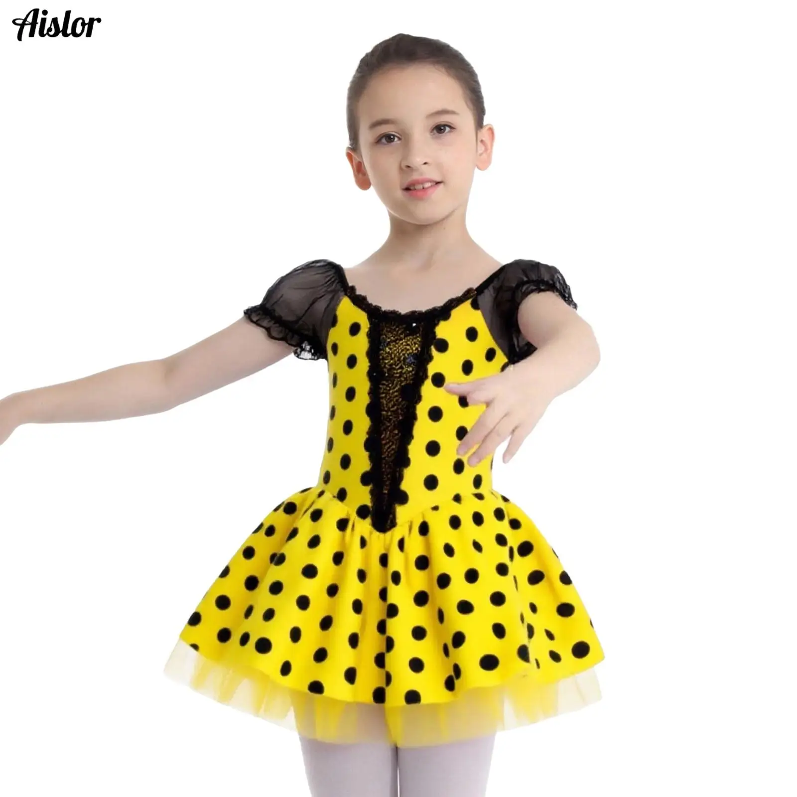 

Kids Girl's Ballet Dance Performance Costume Short Puff Sleeves Shiny Sequins Color Block Dots Tutu Dress with Built-in Briefs