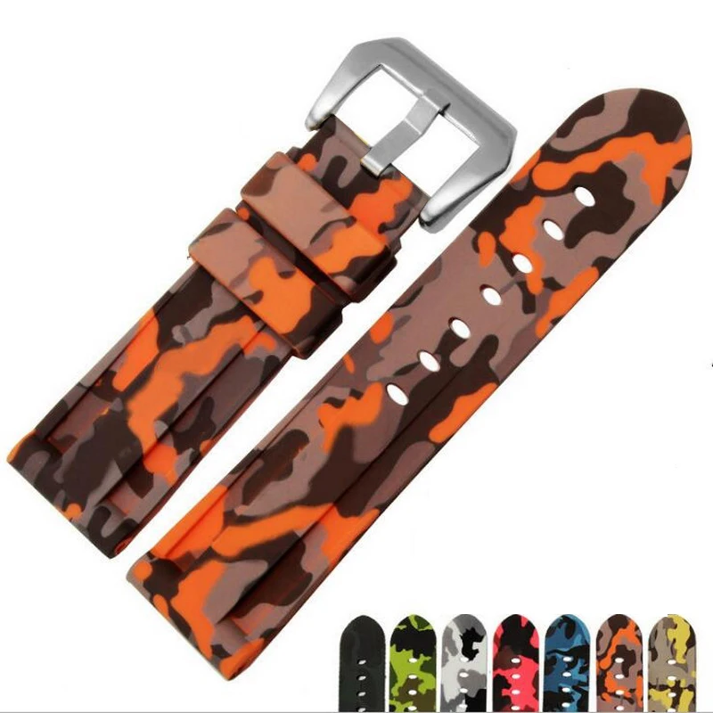 

Ремешок силиконовый для Panerai мужской, спортивный Камуфляжный резиновый браслет с серебристой пряжкой, 20 мм 22 мм 24 мм