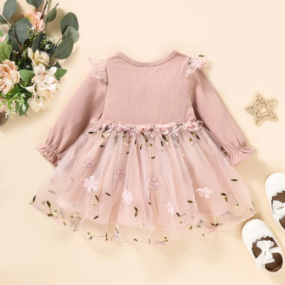 Baby Girl Pink Ribbed Long-Sleeve Bowknot Floral Embroidered Mesh Dress Perfect For Outings And Daily Wear