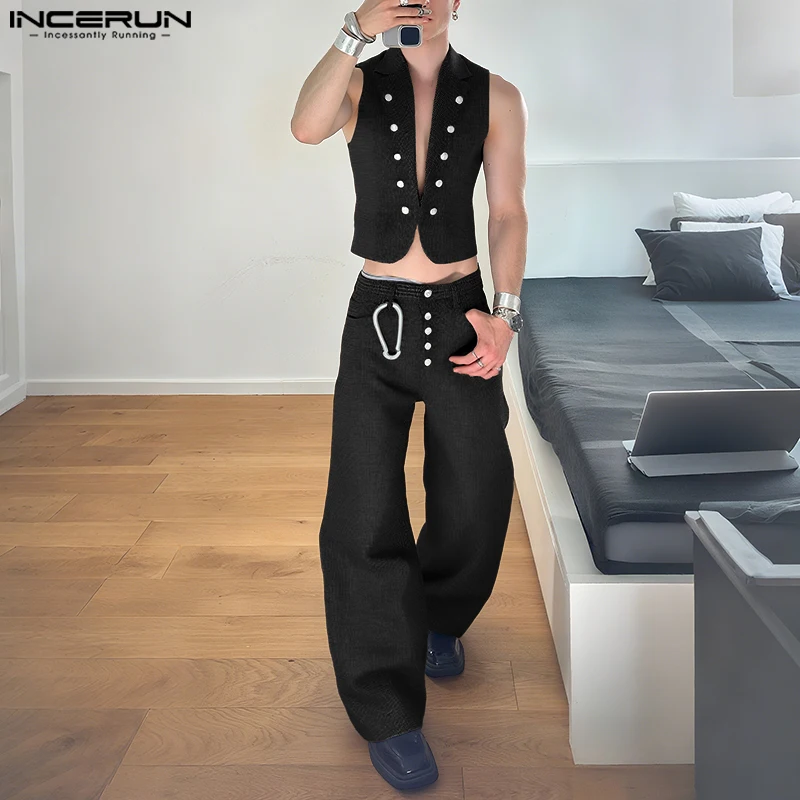 

INCERUN Men Sets Solid Color Lapel Sleeveless Crop Vests & Pants Two Pieces Sets Streetwear 2025 Fashion Casual Men Suits S-3XL