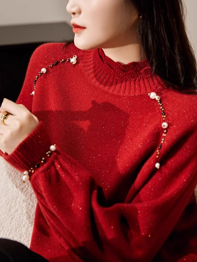 

Faionable Red Splicing Sve Knitted Sweater High Collar Long Sve New Year Top f High Collar Knitted Sweater