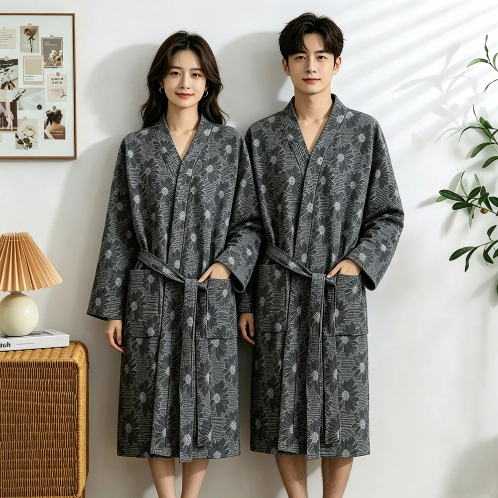 Cotton Bathrobe for Spring and Summer Fashionable Printed Long Sleeve Kimono Thin Home Wear Absorbent Quick Drying Sleeping Robe