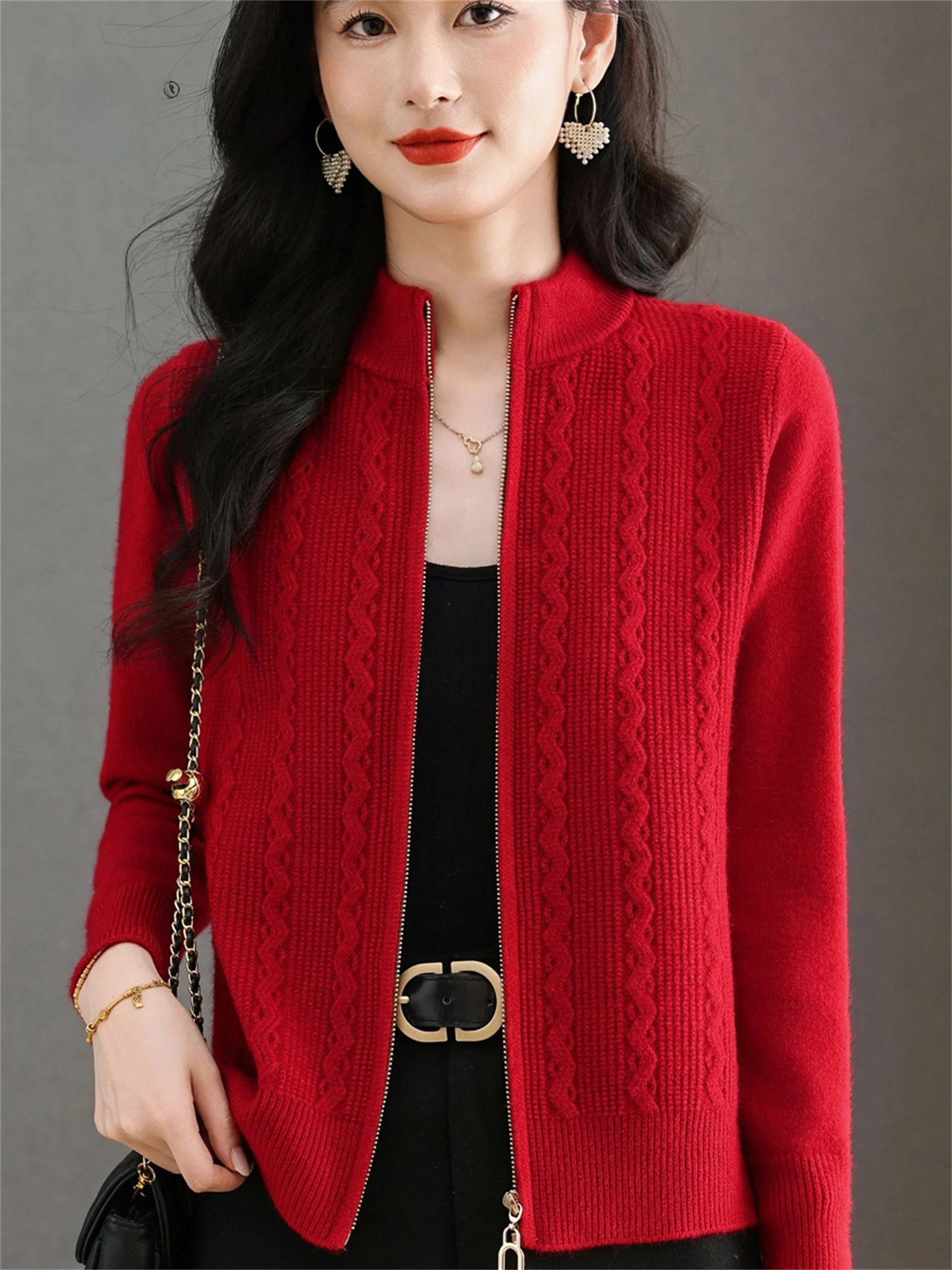 

Faionable round Ne Knitted Open Cardigan ort Sle Loose Breathable Young Looking Outerwear for Middle-Aged Women