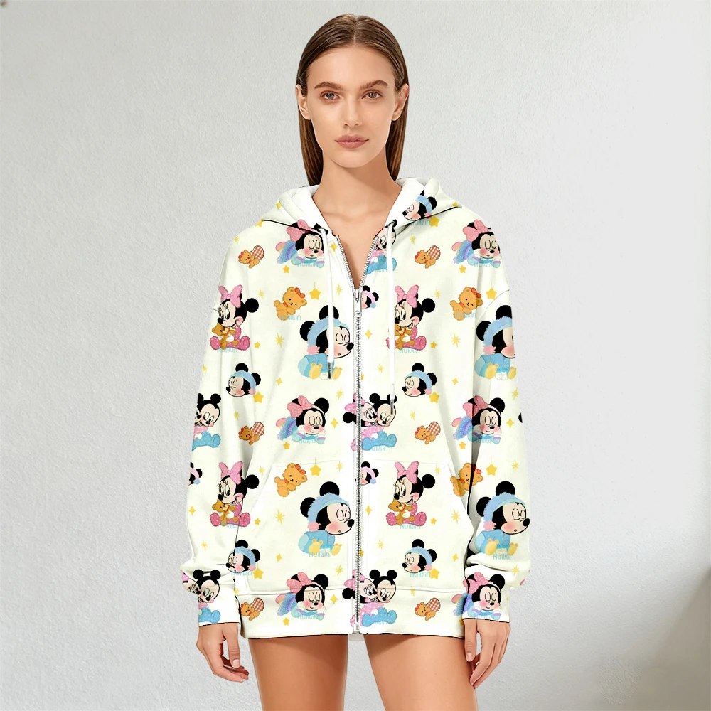سترة ميني ماوس للسيدات مطبوعة بالكامل بسحاب للخريف والشتاء، سترة بأكمام طويلة للأنشطة الخارجية