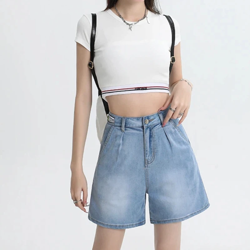 

Women's High Waist Pleated Five-Point Ultra Thin Cool Denim Shorts Y2K Korean Style Summer New Loose Straight Jeans