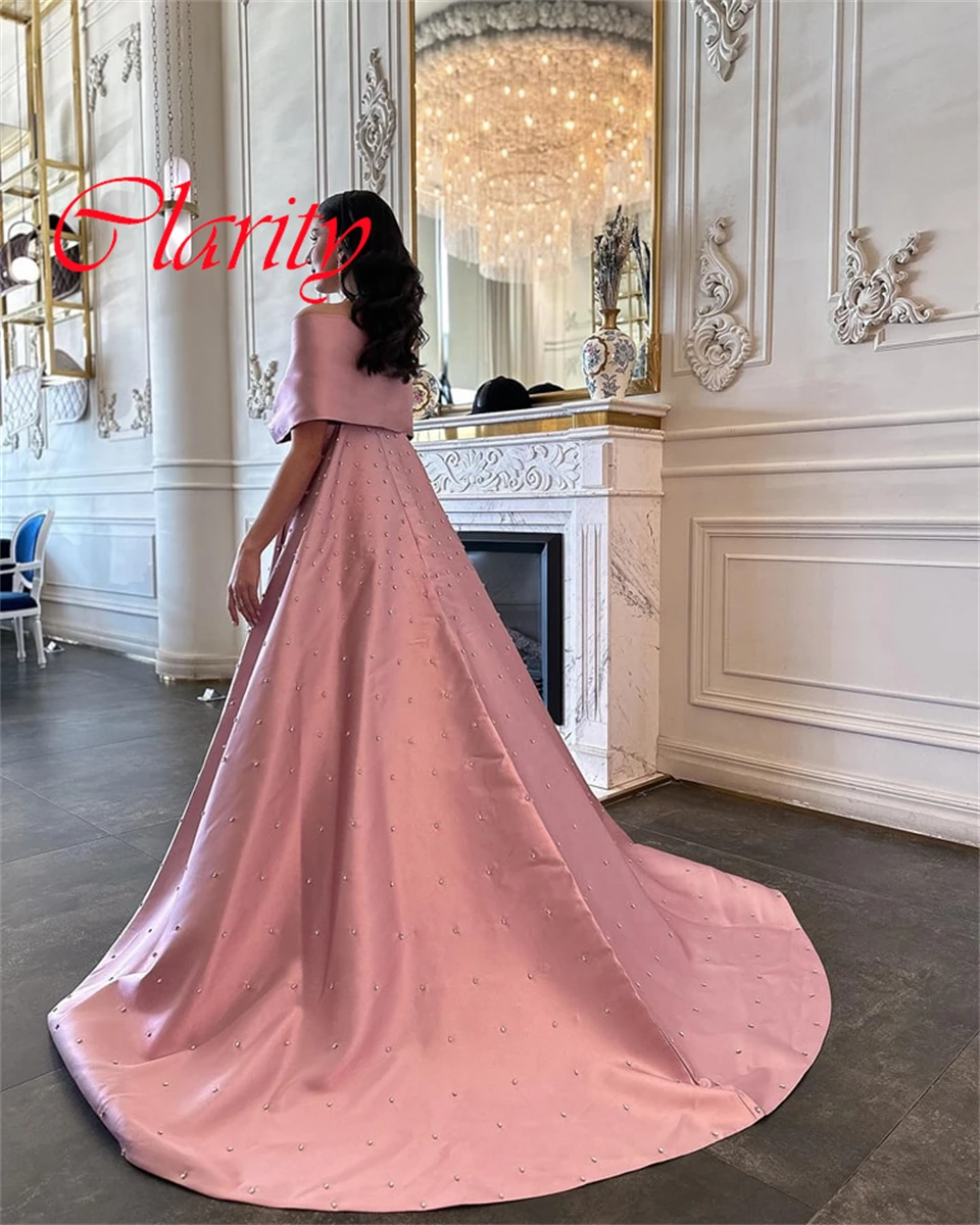 

Customized Exquisite Purple Satin Evening Dress Temperament V-Neck Off the Shoulder Long Sleeves Pearls Special Occasion Gowns