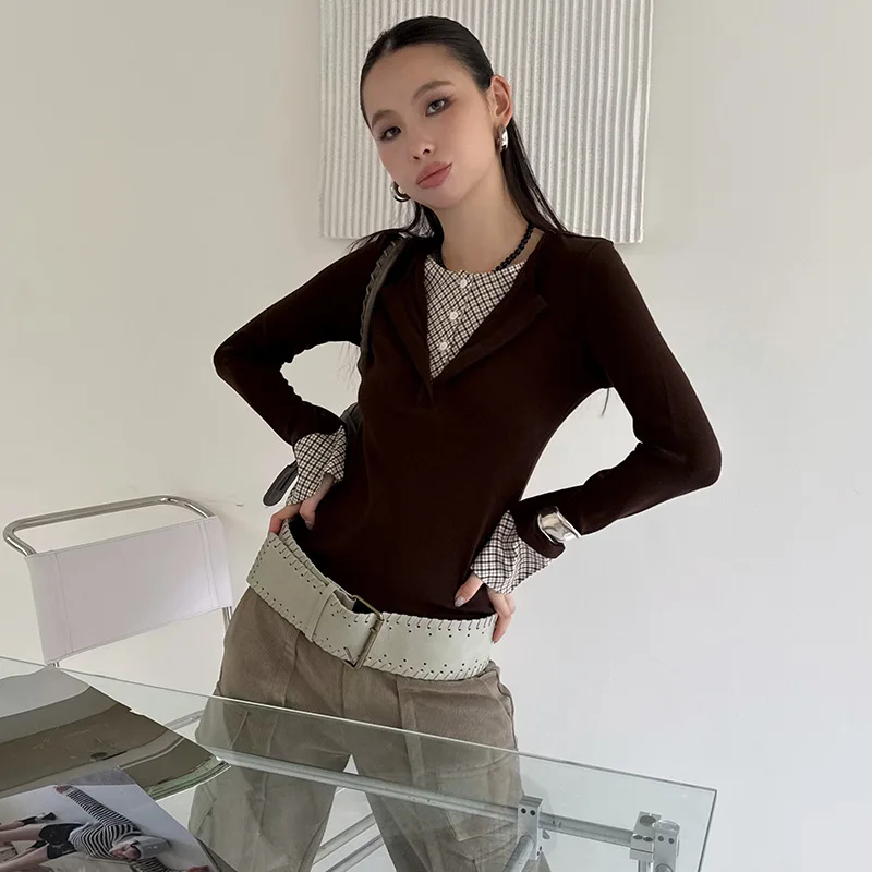 

Fake Two-Piece Half-Button Long Sleeve For Women Autumn Fashion V-Neck Button-Up Open Front Stitched Edge Colorful Plaid Design