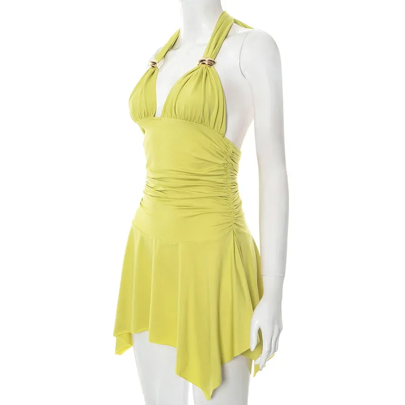 Lace Up Bandage Halter Strand Urlaub Mini Unregelmäßige Kleid Outfits Frauen Sommer Backless Ärmellose A-linie Kleider Streetwear