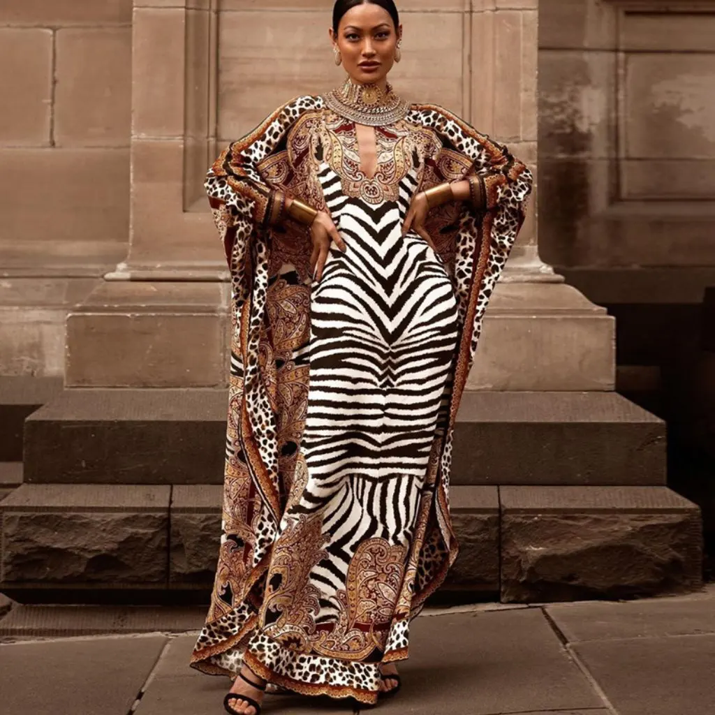 ชุดเดรสพิมพ์ลายสไตล์ยุโรปและอเมริกาสำหรับผู้หญิง ทรงหลวม สไตล์มุสลิม ไซส์ใหญ่ ดีไซน์ตะวันออกกลาง ขายดี