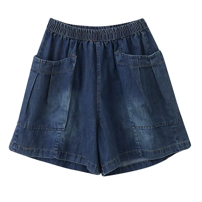 High Waist Denim orts Women's Summer Loose Wide Leg Pants Slimming Effect Deep Blue E9035