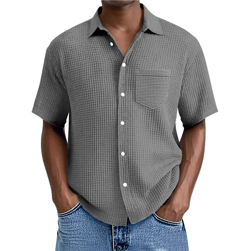 Mens Summer T Shirts Short Sleeve Cotton Pocket Waffle Shirt Blouse Top Tee Casual Loose Fit