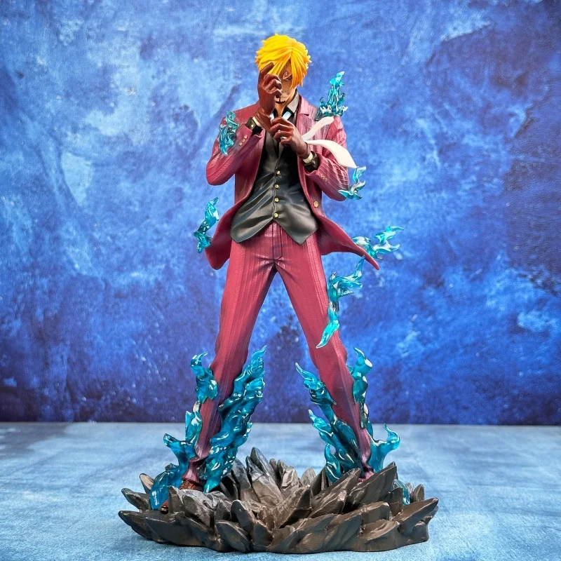 Figura de acción de Sanji Vinsmoke de One Piece Wano Saga, con efectos de Viento del Diablo y Llama Azul, modelo pintado a mano de alto acabado.