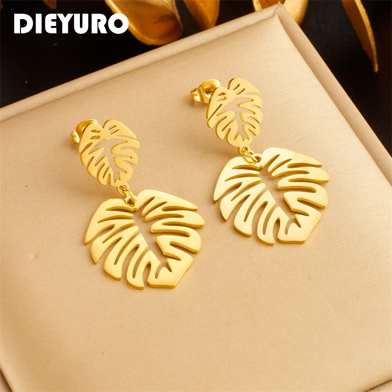 

DIEYURO 316L Stainless Steel Hollow Palm Leaf Drop Earrings For Women Girl Luxury Design Jewelry Holiday Gift Party Wedding