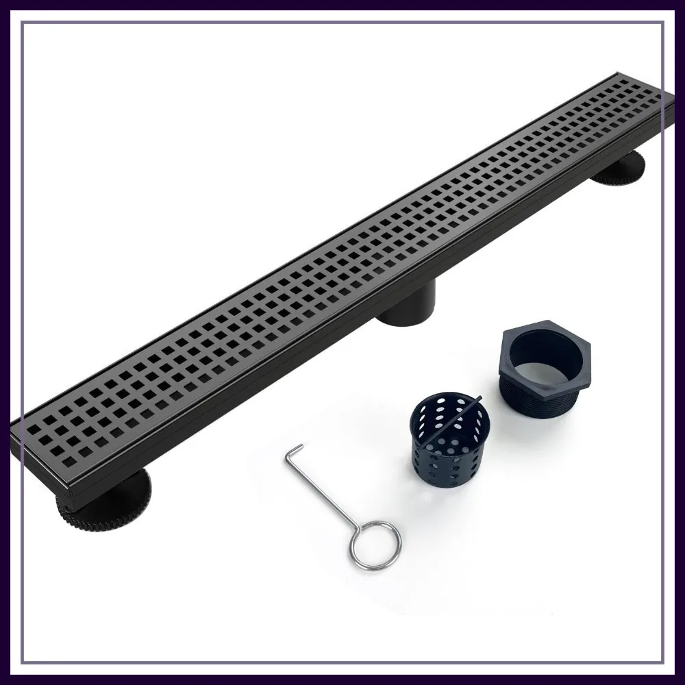 

28" Black Linear Shower Drain, 304 Stainless Steel with Removable Grate, Hair Strainer, Adjustable Feet