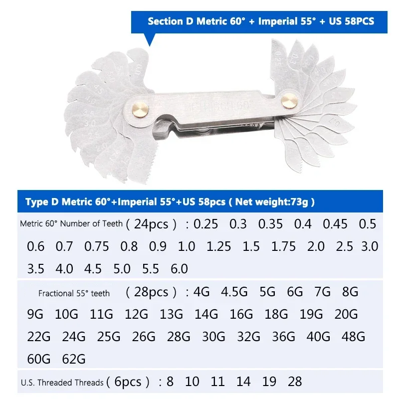 52/58PCS Thread Plug Gauge 55/60 Degree Metric Inch Gear Tooth Screw Pitch Gauges Measurement Steel Thread Gage Measuring Tools